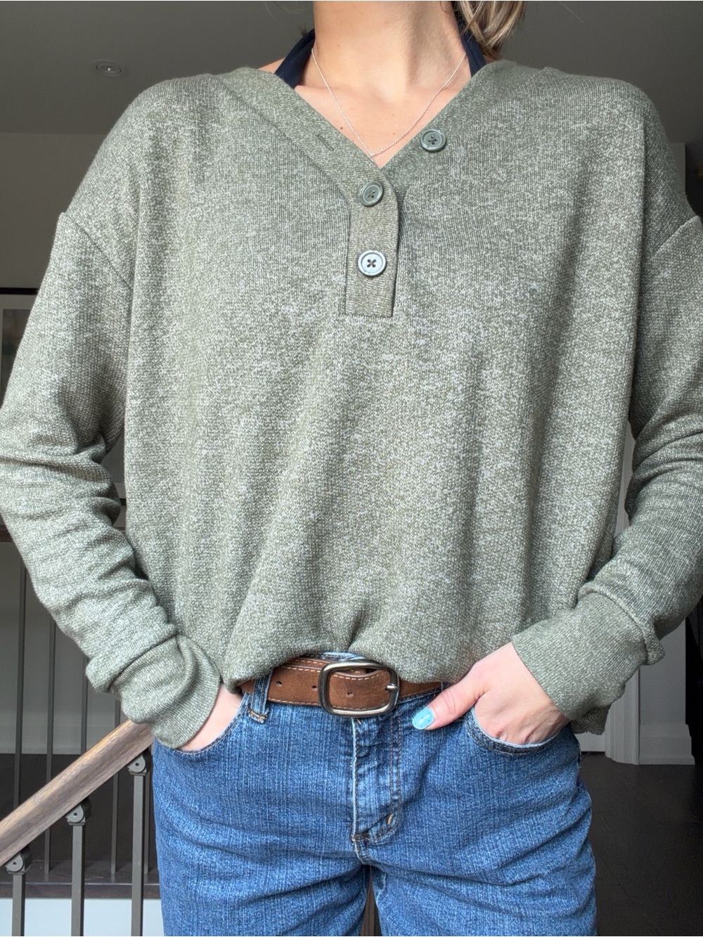 Olive Green Henley Top - Lightweight V-Neck Knit
